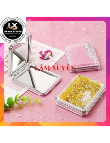 Gương trang điểm mini cầm tay gương gập 2 mặt kim tuyến nước chảy lên xuống