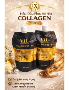 Hấp dầu phục hồi collagen VIL 500ml Dạng túi sang trọng lưu hương dài lâu giảm hư tổn cho tóc.
